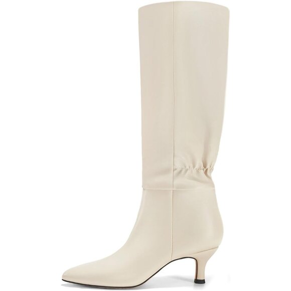 ⚡Women's Beige Kitten Heel Knee High Boots Pointed Toe Tall Boots Pull On